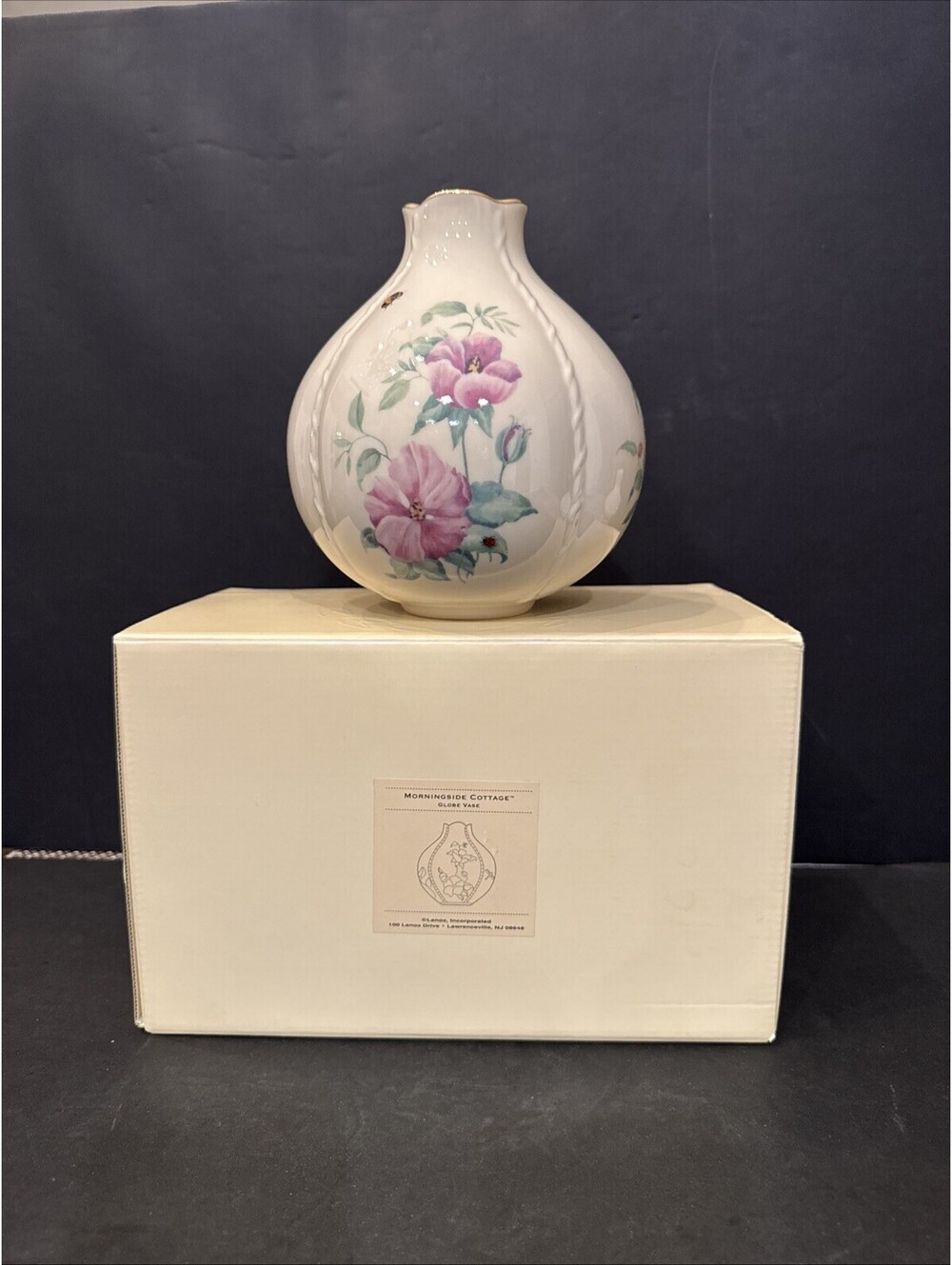 Lenox Morningside Cottage Globe Vase Flower Ladybug Dragonfly Bee NIB 6.5” H